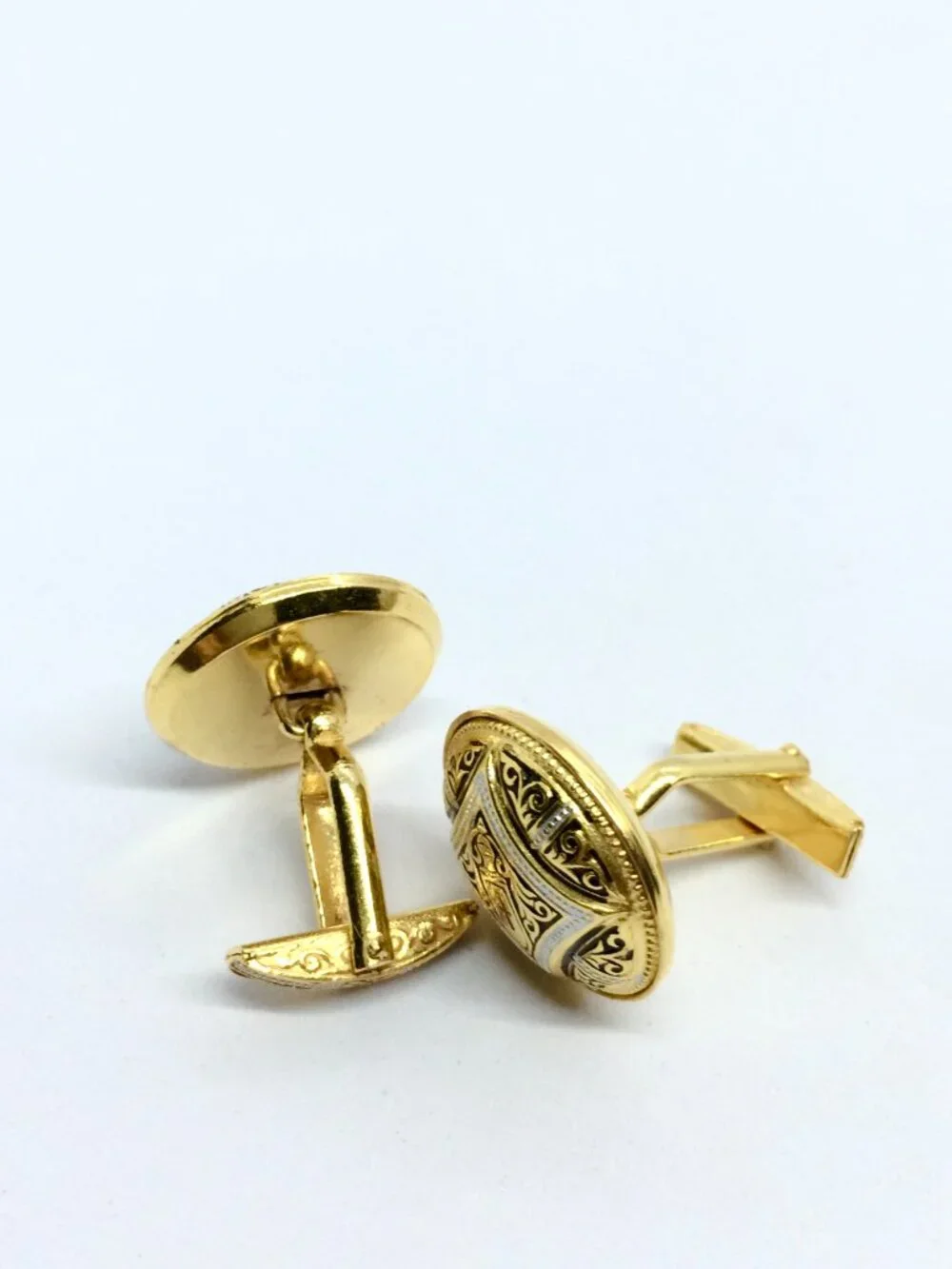 Vintage Gold and Black Shield Motif Cuff Links with Red Accent